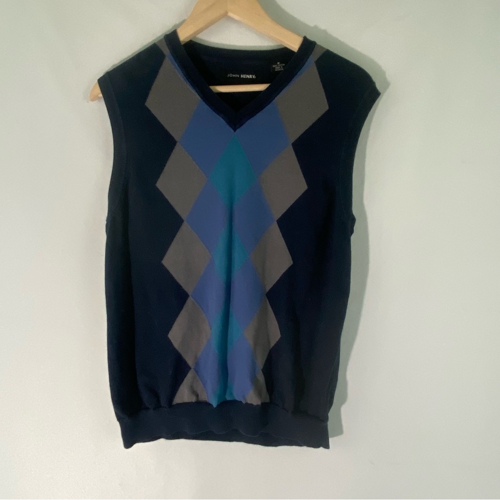 MEN'S JOHN HENRY SIZE M Navy BLUE  ARGYLE Vest Cotton Sweater vest